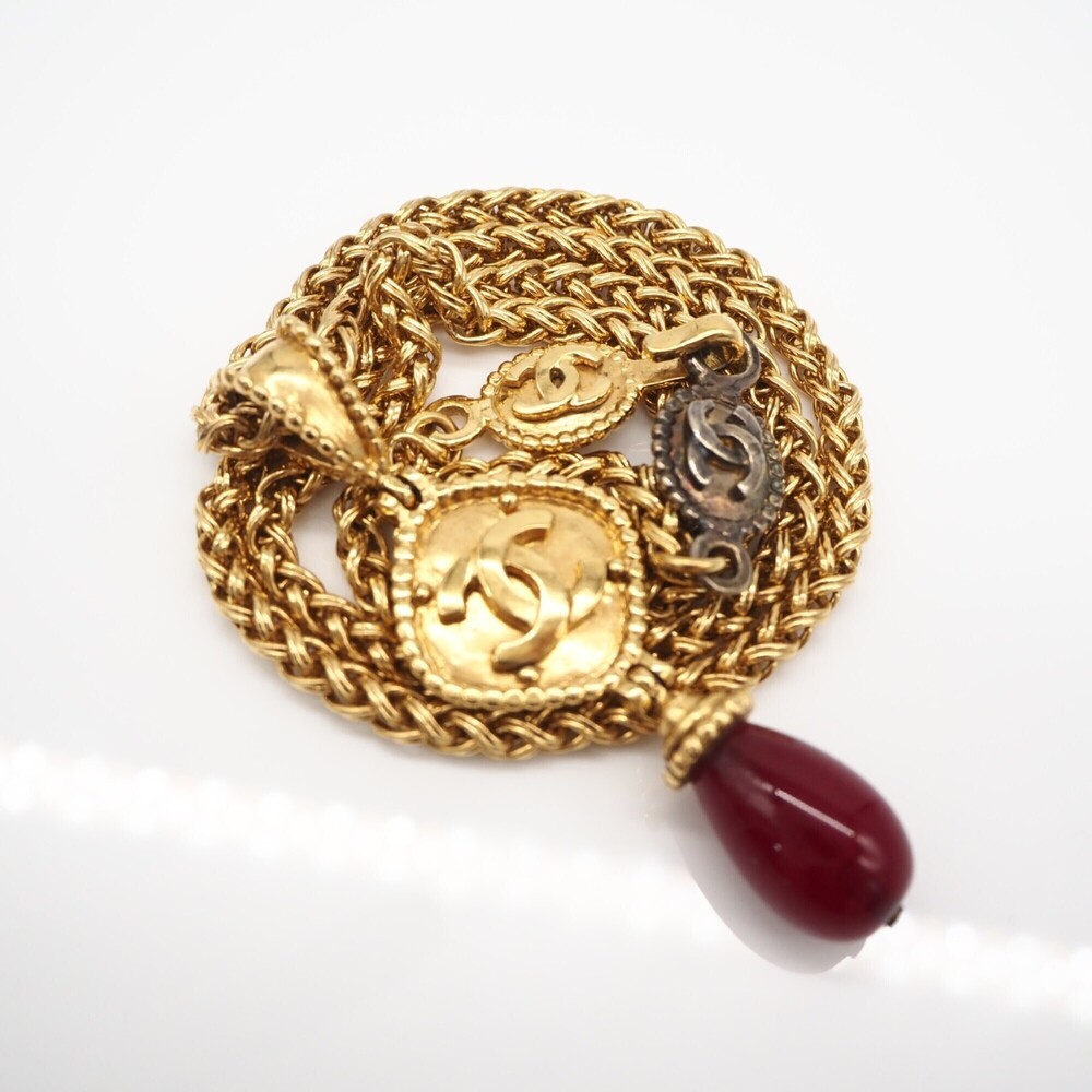CHANEL Coco Mark Long Necklace, Resin, Gold, Red, GP, Women's - Picture 6 of 10